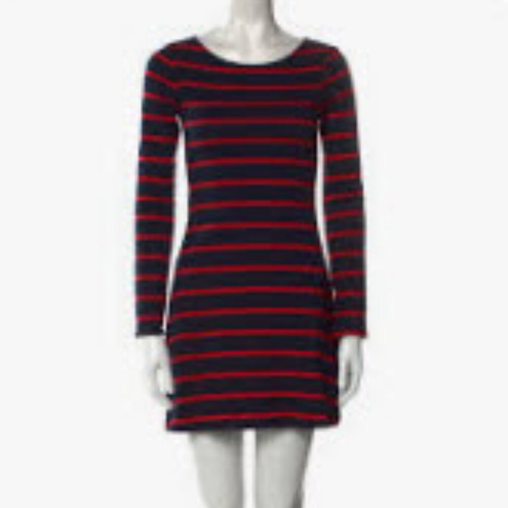 BCBG Navy & Red Long Sleeve Striped Dress